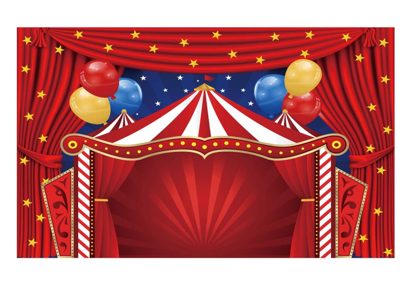 Funnytree Big Top Circus Theme Party Backdrop Carnival Carousel Red Tent Baby Shower Birthday Photography Background Cartoon Curtain Stars Balloon Cake Table Decorations Banner Photo Booth - Image 1